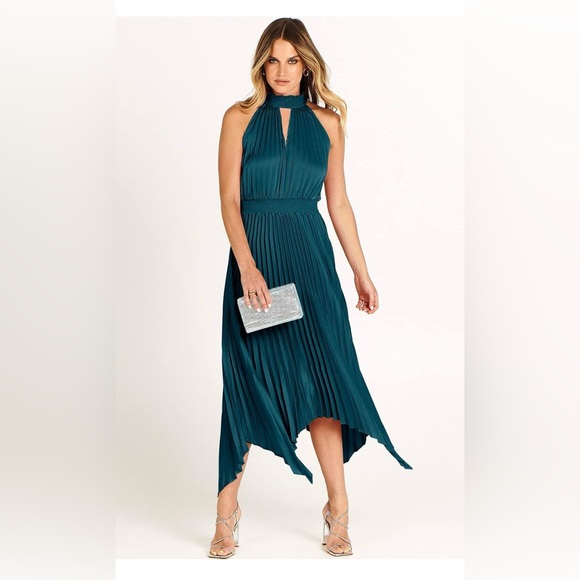 None Dresses & Skirts - Emerald Green Pleated Halter Maxi Dress - Asymmetrical Hem - Size L